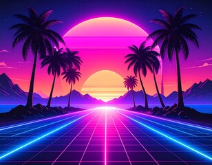 Retro-futuristic highway scene with vibrant sunset, palm trees, and glowing grid lines