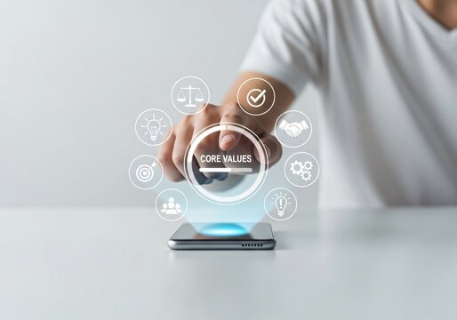 Business core values and corporate culture concept. Person using laptop with core values icons, ethics, teamwork, integrity, corporate mission, organizational culture, respect, and business principles