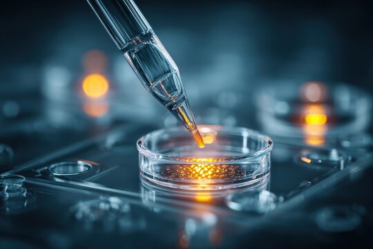 Scientific breakthrough concept showcasing glowing bio material being meticulously applied with a precision pipette in a lab setting