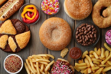 Assorted unhealthy foods on a wooden surface