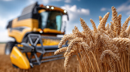 Ripe wheat ears gently swaying, golden combine harvester working across expansive agricultural field during summer harvest season