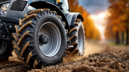 Dusty tractor wheel traversing muddy farmland, golden sunset illuminating autumn harvest landscape with warm, rustic tones