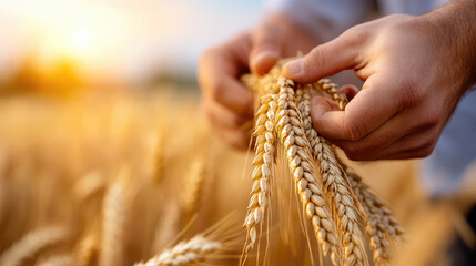 Farmers harvesting golden wheat field during sunset, working together with traditional tools, capturing agricultural heritage and manual labor under warm evening light