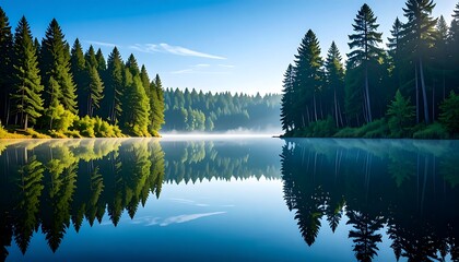 Serene lake with misty dawn, and pine forest.