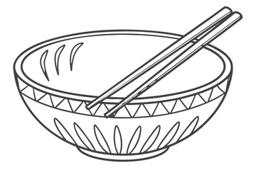 Illustration of a bowl with geometric patterns and chopsticks resting on top in black and white style