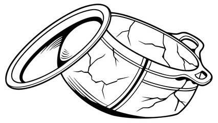 Outlined illustration of a cracked clay pot with a separate lid showing damage and wear on the surface