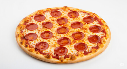 Delicious whole pepperoni pizza with melted cheese on an isolated transparent background
