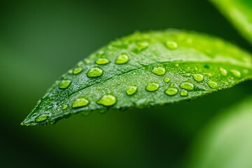 Close-up of a vibrant green leaf covered in dew drops