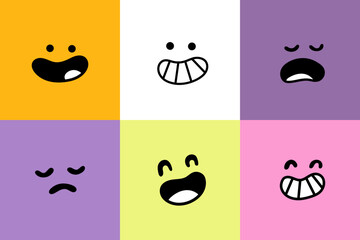 Square compositions with doodle faces with different emotions set. Vector simple hand-drawn design.