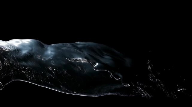Dynamic water splash animation on black background. Liquid motion graphics for visual effects. Slow motion fluid simulation for commercial or artistic projects.