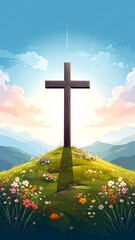 Cross on a mountaintop in a serene landscape
