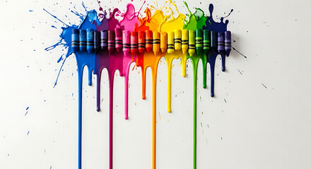 Melted crayons dripping vibrant colors onto white background, creating colorful splatter art.