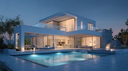 Fototapeta premium external view of a contemporary house modern villa at sunset no logos no brands ar 169