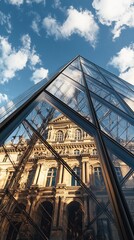 Glass pyramid reflecting historic building