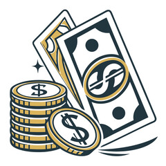 Pile of Wealth: A visual representation of financial success, featuring stacks of golden coins and crisp dollar bills. An emblem of abundance and prosperity.