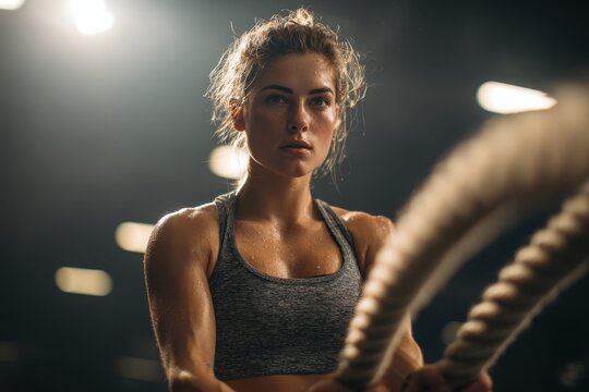 Young athletic woman exercising with battle ropes in a modern gym during evening hours showcasing strength and determination