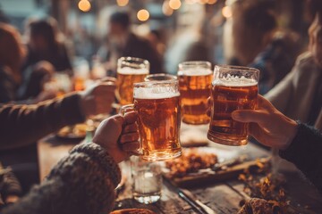 Group of friends enjoying beer at a lively brewery in the evening while sharing laughter and delicious food