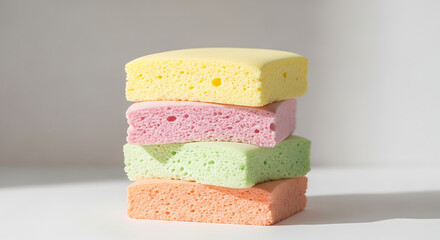 A stack of four colorful rectangular sponges in pastel shades of yellow, pink, green, and orange, showing their porous texture.