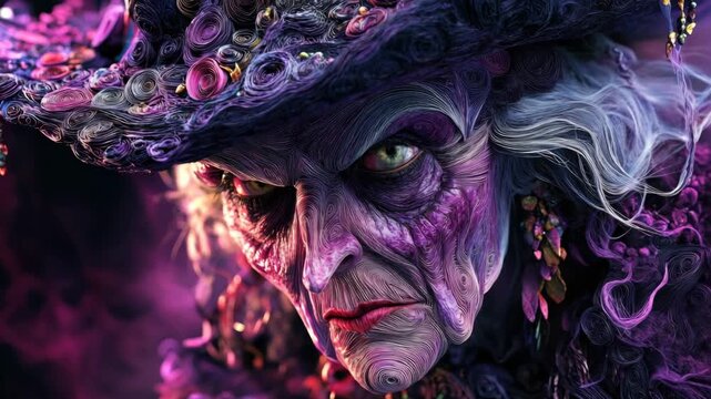 Evil queen from a fantasy story with dark magic, wicked grin and supernatural powers.