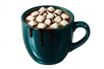 Teal ceramic mug filled with rich hot chocolate, marshmallows melting, chocolate sauce drizzling over creamy surface