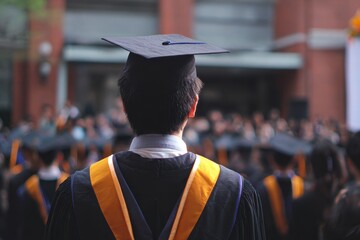 Portrait of a graduate from behind during a university commencement ceremony in a bustling outdoor setting filled with attendees and festive decorations