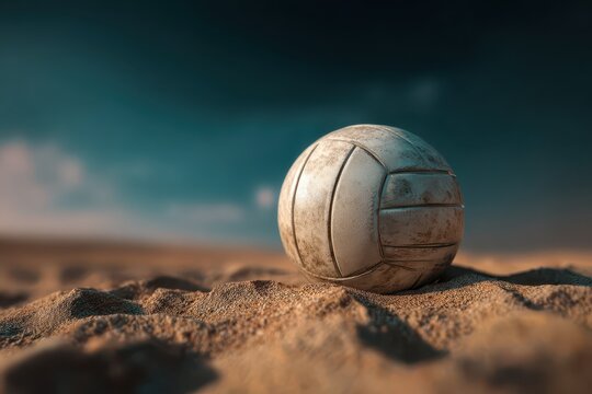 Realistic volleyball resting on sandy beach surface during a bright day with scattered clouds in the background