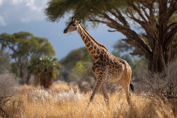 Obraz premium Majestic giraffe walking through the golden savannah of Ruaha National Park under a vibrant sky in the heart of Tanzania