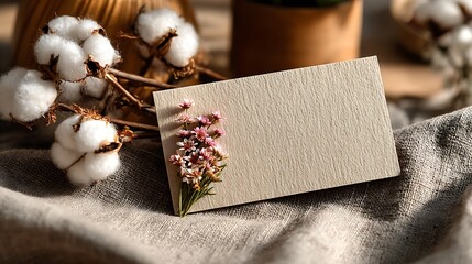 Elegant flat lay wedding invitation mockup with blank card on soft linen fabric, top space clear for text or design layout, luxury bridal stationery concept for modern couples and event planning.