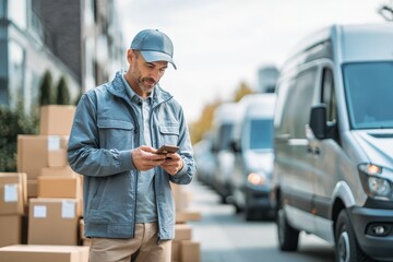 Delivery worker checks phone while standing next to parked delivery vans and stacked packages outdoors in an urban area during daytime
