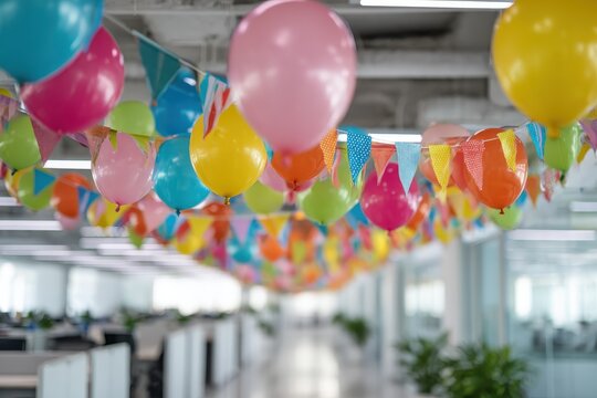 Colorful balloons and festive decorations adorn an office space for a cheerful celebration event during the workday