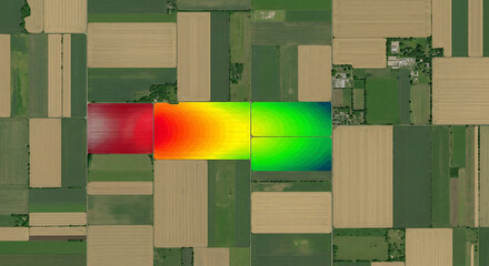 Aerial drone view of agricultural fields with a data visualization map for precision farming and crop yield analysis.