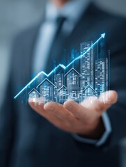 businessman presenting real estate growth chart with houses and statistics modern digital illustration