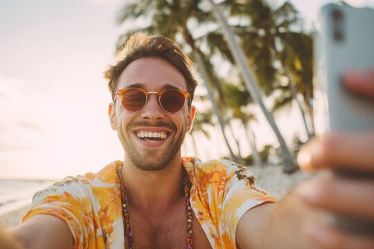 Happy handsome man enjoying a beach sunset while taking a selfie with palm trees in the background