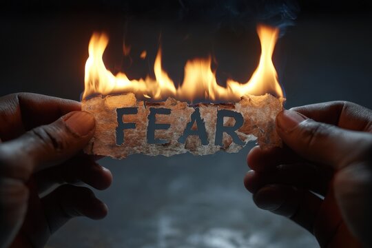 Hands holding burning paper with the word Fear against a dark backdrop, symbolizing the act of confronting personal fears in a transformative visual narrative