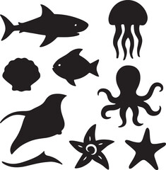 Collection of marine life silhouettes isolated on white background