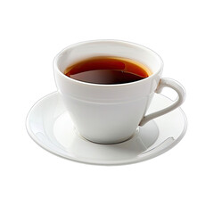 White ceramic teacup and saucer filled with dark brown liquid