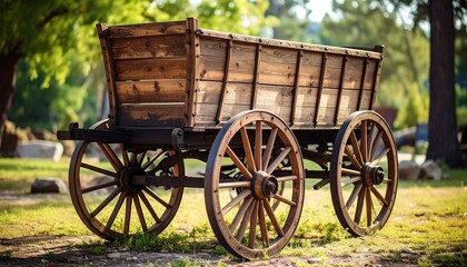 Rustic wooden wagon sits in a grassy area, bathed in sunlight