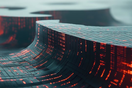 Abstract digital landscape of undulating dark surfaces with glowing red lines, resembling a futuristic circuit board or data stream