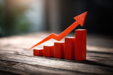Business growth concept symbolized by an upward trending graph made of wooden blocks on a rustic wooden surface, representing success and progress in entrepreneurial endeavors