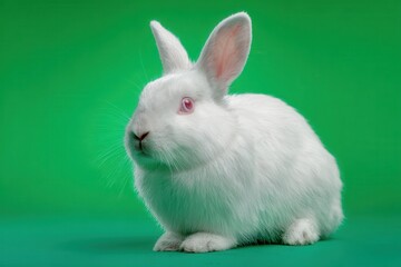 Obraz premium Realistic white rabbit on a green background ready for creative projects and visual storytelling