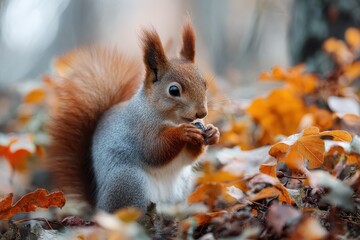 Fototapeta premium Cute squirrel gathers nuts among vibrant autumn foliage in a serene forest during a crisp day