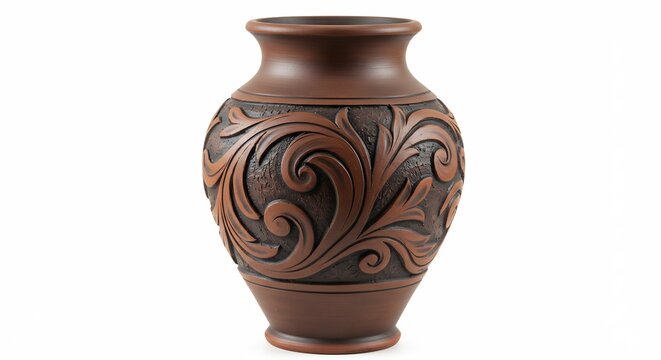 Dunkelbraune Tonvase zeigt kunstvolle Blattgravur Warmes Licht betont Details. AI Generated
