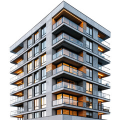 Fototapeta premium Modern concrete apartment building with illuminated balconies and glass railings. background removed