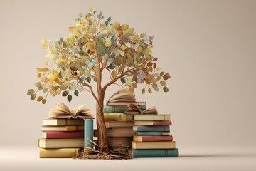 Celebrating International Literacy Day with a symbolic tree made of books and colorful leaves, highlighting the importance of reading and education in every community