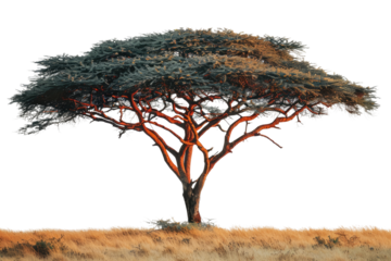 A majestic acacia tree stands tall against a muted transparent background, its branches reaching out like arms. background removed