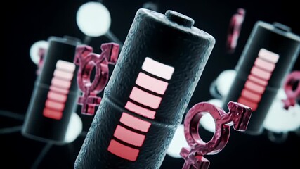 Black Batteries with Red Charging Bars Surrounded by Gender Symbols on Dark Background - Powered by Adobe
