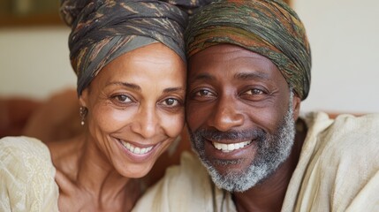 portrait of mid adult happy african american couple hugging at home while sitting on couch portrait of mature man with his woman wearing traditional turban looking at camera black mid adult couple n