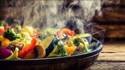 Sizzling vegetables in a pan with vibrant colors and rising steam, rustic background.