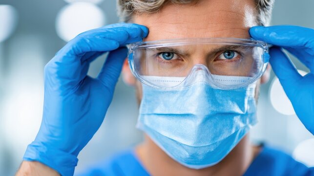 healthcare profession and medicine concept doctor or male nurse in blue uniform face mask for protection from virus disease goggles and gloves over medical office at hospital on background no logos - Powered by Adobe