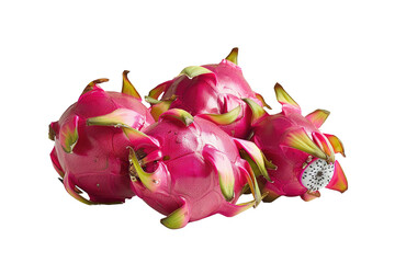 Fototapeta premium Three vibrant pink dragon fruits, with green scales, clustered together. background removed